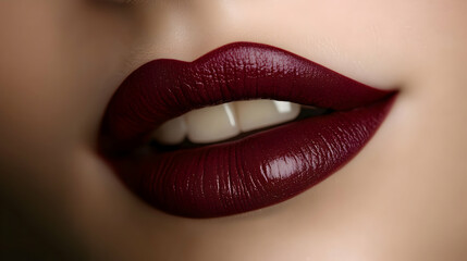 Obraz premium Close-up of Lips with Deep Burgundy Lipstick, red lipstick, makeup, cosmetics, beauty, macro