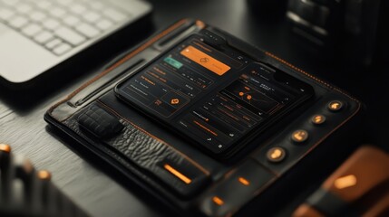Fototapeta premium Sleek Tech Minimalism: A high-angle, close-up shot of a modern smartphone with a custom dark-mode interface, resting on a luxurious leather case alongside a keyboard and other tech accessories.