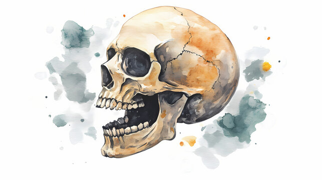Cursed skull speaking riddles on bone-white watercolor backdrop. Enigma. Illustration