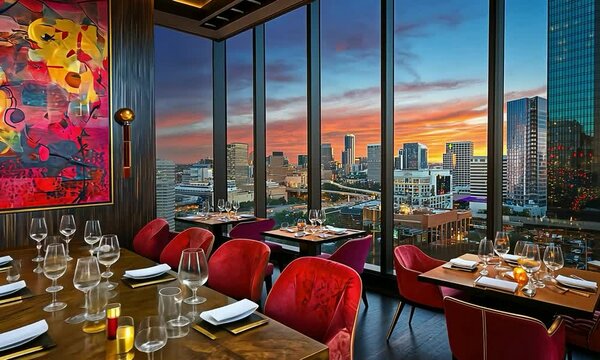 Art Moderne dining room with sleek furniture, geometric patterns, and a panoramic view of a city skyline