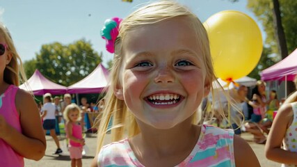 A young girl beams with happiness amidst colorful tents and playful friends at a lively summer fair, showcasing pure joy and carefree spirit