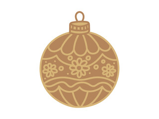 Gold Christmas ball with intricate pattern isolated on white background. Concept of holiday decoration, festive winter design, traditional Christmas ornament, minimalist style, vintage style, print