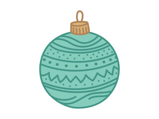 Green Christmas ball with intricate pattern isolated on white background. Concept of holiday decoration, festive winter design, traditional Christmas ornament, minimalist style, vintage style