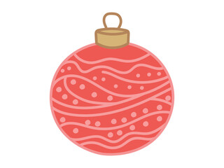 Red Christmas ball with intricate pattern isolated on white background. Concept of holiday decoration, festive winter design, traditional Christmas ornament, minimalist style, vintage style