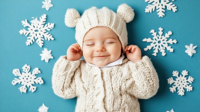 Smiling baby in cozy knitwear surrounded by snowflakes on a blue background, AI