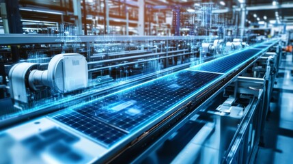 The Future of Manufacturing: A futuristic image depicting a high-tech assembly line with advanced automation and digital technology, illuminating the future of manufacturing.