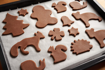 Shapes cut out from raw pastry dough on a sheet of baking paper - making gingerbread Christmas cookies