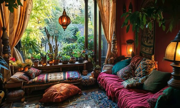 Bohemian living room with vintage textiles, colorful decor, and a view of rolling hills