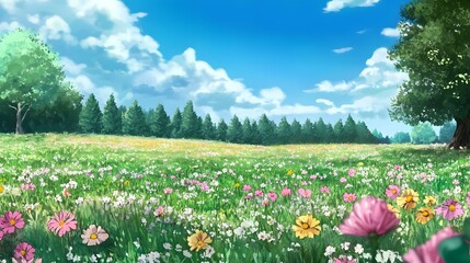 Gorgeous hand-drawn illustration depicting scenic mountains and farmlands, enriched with intricate details and an anime-inspired touch.