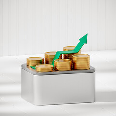 3d icon of gold coins stack with arrow. simple 3d illustration for finance and banking on isolated background. Financial concept of growth with minimal stylized objects on square platform
