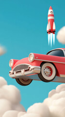 Vintage car soaring through clouds with a rocket in the sky, AI