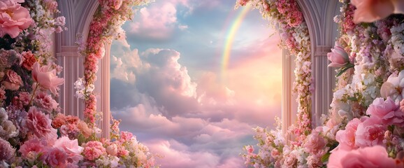  castle with cherry blossoms and rainbow in magical sunset, perfect for wedding venues, fairy tale events, romantic celebrations, theme park marketing and fantasy content