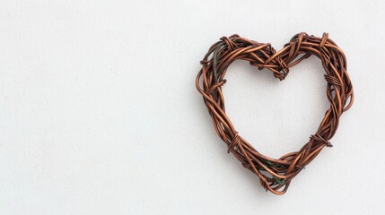 Handmade woven heart-shaped wreath on plain background