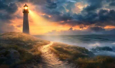 Fototapeta premium Lighthouse Beam Illuminating the Path Through the Mystical Coastal Landscape