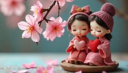 Fototapeta premium Two charming dolls, dressed in soft pink kimonos, sit closely together on a wooden plate, each holding a heart—one pink and one red. Surrounded by delicate cherry blossoms, the scene radiates warmth
