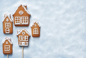 Lebkuchenh&auml;user mit wei&szlig;er Zuckerglasur und Puderzuckerschnee bilden eine winterliche Szene auf einem Holzuntergrund mit Textfreiraum. Festliche Stimmung. Generative KI.