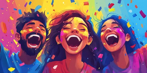 Obraz premium A Vibrant Celebration Capturing Three Friends Joyfully Laughing and Covered in Colorful Powders, Surrounded by a Backdrop of Bright Hues and Confetti During a Festive Occasion