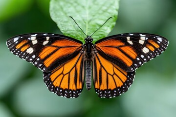 Fototapeta premium Vibrant orange and black butterfly resting on green leaf
