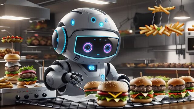 little cute robot chef cooks hamburger