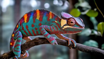Vibrant Chameleon Perched On Branch A Striking Display of Natures Colorful Reptile.