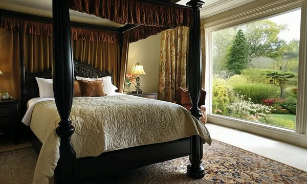 Elegant master bedroom with a luxurious bed, plush bedding, and a serene garden view through large windows