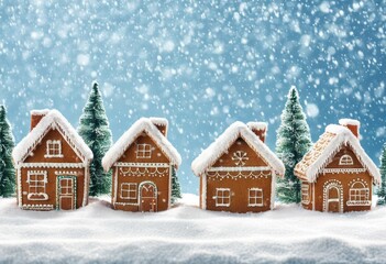 Fototapeta premium Lebkuchenhäuser mit Zuckerglasur stehen in einer schneebedeckten Winterlandschaft, umgeben von Tannenbäumen, vor einem schneebedeckten Himmel. Generative KI.