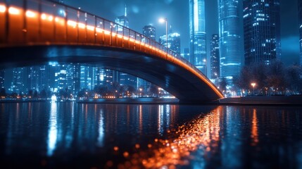 Night Cityscape: Illuminated Bridge and Modern Skyscrapers Reflecting in Calm Water