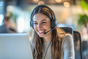 happy call center agent wearing headset talking to client working in customer support office. professional contract service telemarketing operator using laptop having conversation. candid shot