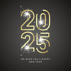 Happy New Year 2025 neon led golden line art design shape of 2025 year logo with sparkle firework on black background. Moving lights on numbers, social media template for 2025