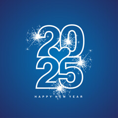 Love 2025 Happy New Year 2025 beautiful white modern line design typography logo with heart in the middle on blue greeting card background