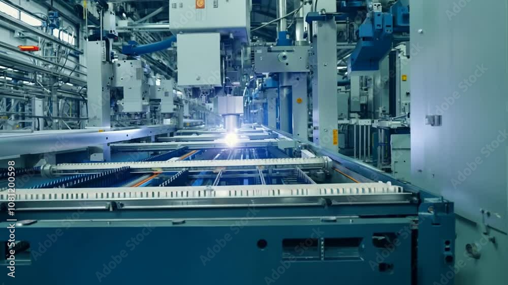 Poster automated modern conveyor line with robotic machines at work generative ai