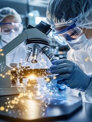 Diverse scientists in protective gear examining samples under microscope, showcasing advanced research and innovation in laboratory setting