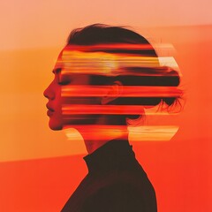 Futuristic Portrait with Profile Partially Obscured by Overlapping Translucent Bands