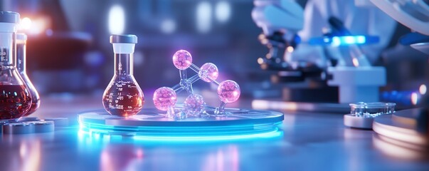 Futuristic drug discovery pipeline with molecular structures and lab equipment. scene showcases advanced scientific research and innovation in laboratory setting