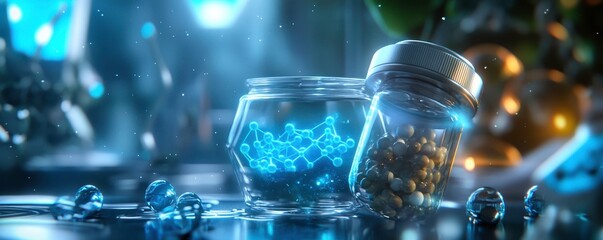Futuristic drug discovery pipeline with molecular structures in jars, showcasing advanced scientific research and innovation