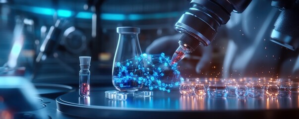 futuristic drug discovery pipeline visual featuring microscope, laboratory glassware, and molecular structures. scene conveys innovation and scientific advancement