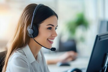 happy call center agent wearing headset talking to client working in customer support office. professional contract service telemarketing operator using laptop having conversation. candid shot
