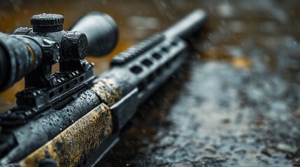 A close-up of a sniper rifle with a scope, lying on the ground, covered in rain.