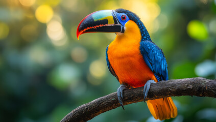 Naklejka premium A colorful bird with a long beak is perched on a branch. The bird is orange and blue, with a red beak. The scene is bright and lively, with the bird standing out against the green leaves and branches