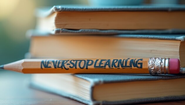 A vibrant yellow pencil rests across a stack of well-worn books, boldly inscribed with the phrase "NEVER STOP LEARNING." The warm sunlight casts a gentle glow, highlighting the pencil's message and