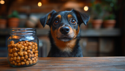 A dog is looking at a jar of food. The jar is full of small, round, and yellow food