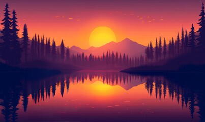 Fototapeta premium Majestic Sunset Landscape with Silhouetted Forest and Reflection in Lake