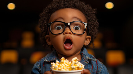 Naklejka premium A young child wearing glasses and holding a bowl of popcorn. The child has an open mouth and is looking at the camera