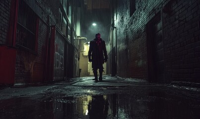 Malevolent Jester Stands Alone in Dimly Lit Urban Alleyway with Unsettling Atmosphere