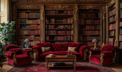 Opulent Antique Library Adorned with Plush Red Velvet Furnishings and Leather Bound Tomes