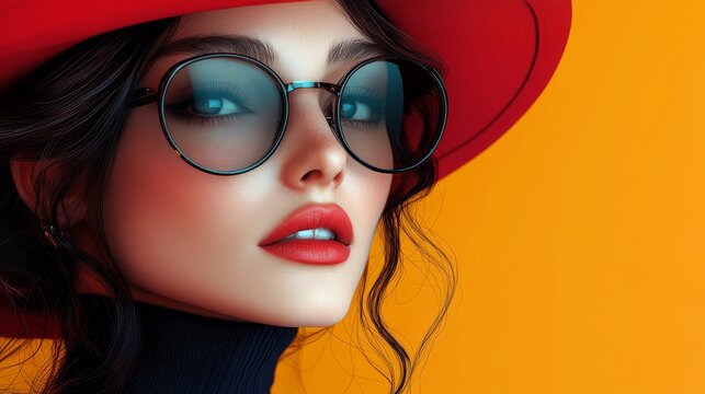 A woman with dark hair, red lips, and striking blue eyes gazes confidently with a vibrant red hat and round blue-tinted sunglasses against a warm yellow background. - Powered by Adobe