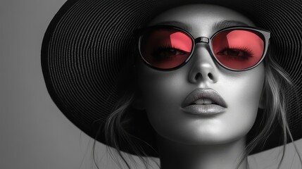 A fashion model's captivating gaze through vibrant red sunglasses, set against a monochrome backdrop.  The image is a study in contrast, highlighting the bold accessories