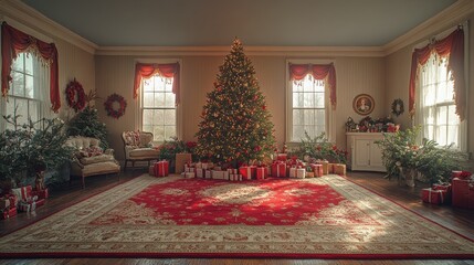 Christmas Cheer in a Victorian Home: A beautifully decorated Victorian living room radiates holiday warmth with a towering Christmas tree, twinkling lights, and a bounty of wrapped gifts.
