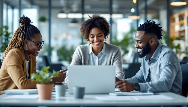 A dynamic scene of workers from diverse ethnic backgrounds collaborating in a modern office environment, promoting teamwork and inclusion