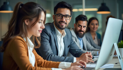 Obraz premium A dynamic scene of workers from diverse ethnic backgrounds collaborating in a modern office environment, promoting teamwork and inclusion